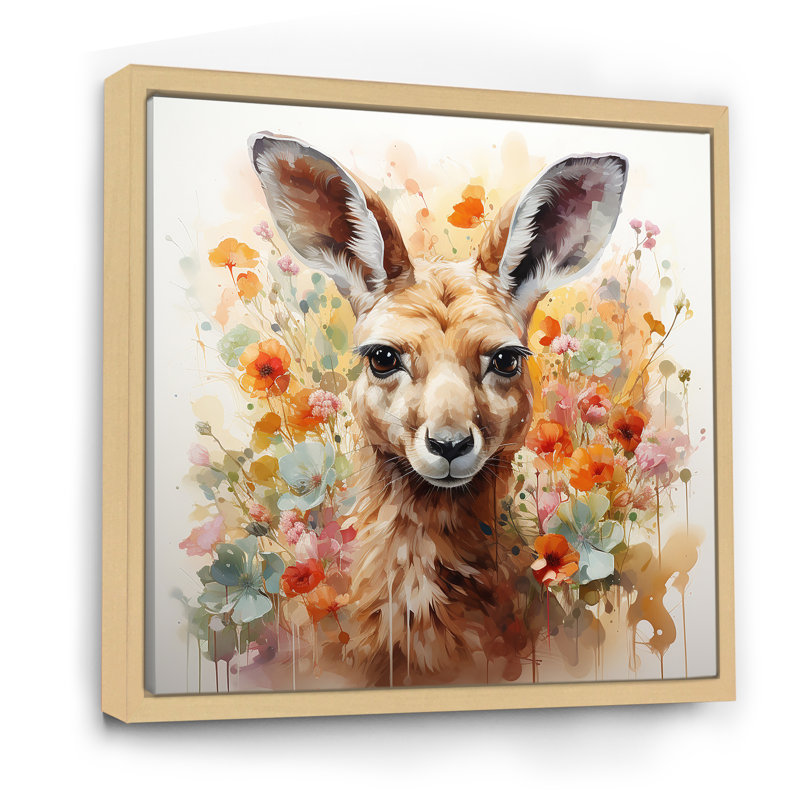 Portrait coloré de fleurs de kangourou - art mural animal kangourou, Cadre flottant brun, H 36 po x l 36 po x P 1,5 po