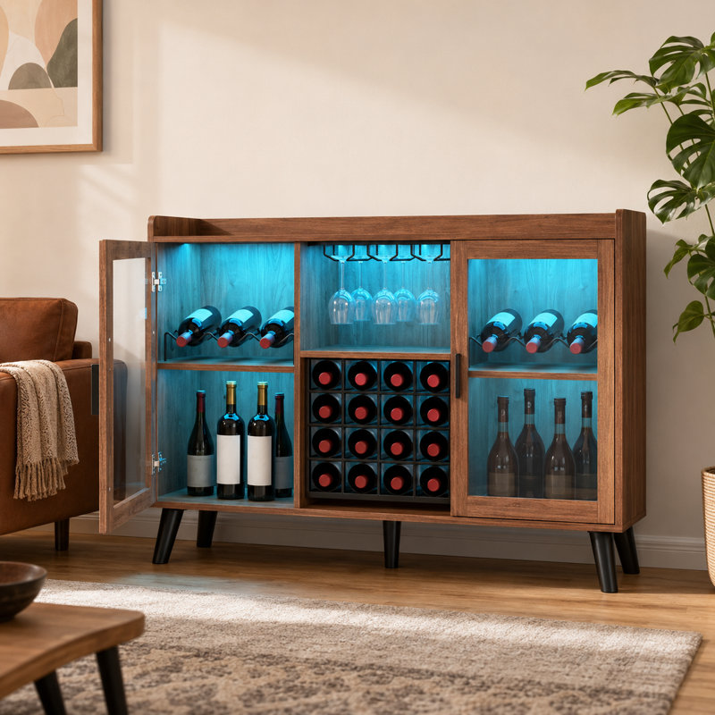 47'' W Walnut Sideboard Buffet Cabinet with LED Wine Rack, Open Storage Shelves and Metal Frame, Walnut