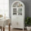 Armoire garde-manger arquée de 71 po de hauteur avec porte vitrée, armoire de rangement Farmhouse avec tablettes réglables et porte de grange pour la cuisine, le salon et la salle à manger, blanc
