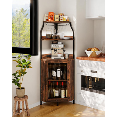 Meuble-bar de coin avec éclairage DEL et prise électrique – Étagère à vin et spiritueux autoportante, porte vitrée, étagères réglables, porte-verres à vin, style rustique pour salle à manger ou salon