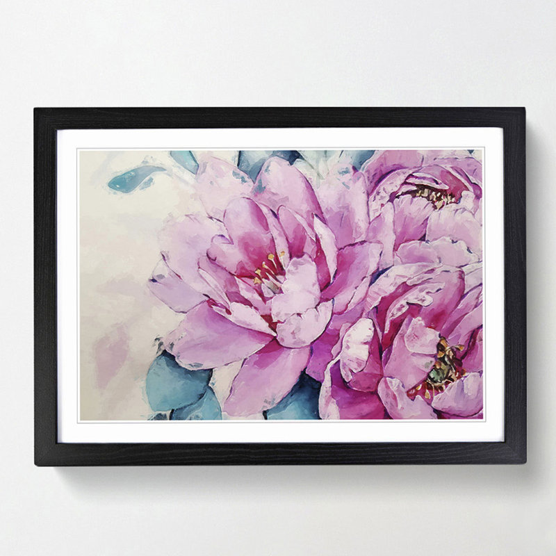 Watercolour Pink Peonies in Abstract - Picture Frame Painting Print, 35cm H x 50cm W x 2cm D, Black