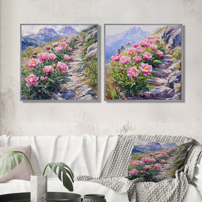 Pivoines le long du sentier de montagne III - décoration murale pivoines - art mural traditionnel 2 pièces