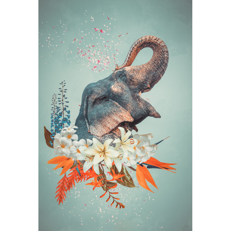 Abstract Art Collage Of Elephant With Flowers by Avesun - Wrapped Canvas Print, 122cm H x 81cm W