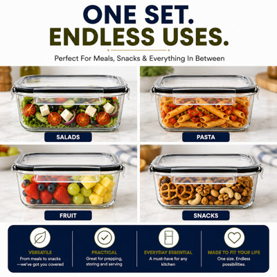  Contenants en verre pour aliments avec évent à vapeur d'air, couvercles hermétiques - Bols de préparation de repas en verre sans BPA étanches, allant au micro-ondes, au four, au congélateur et au lave-vaisselle - Ensemble de rangement rectangulaire de 2