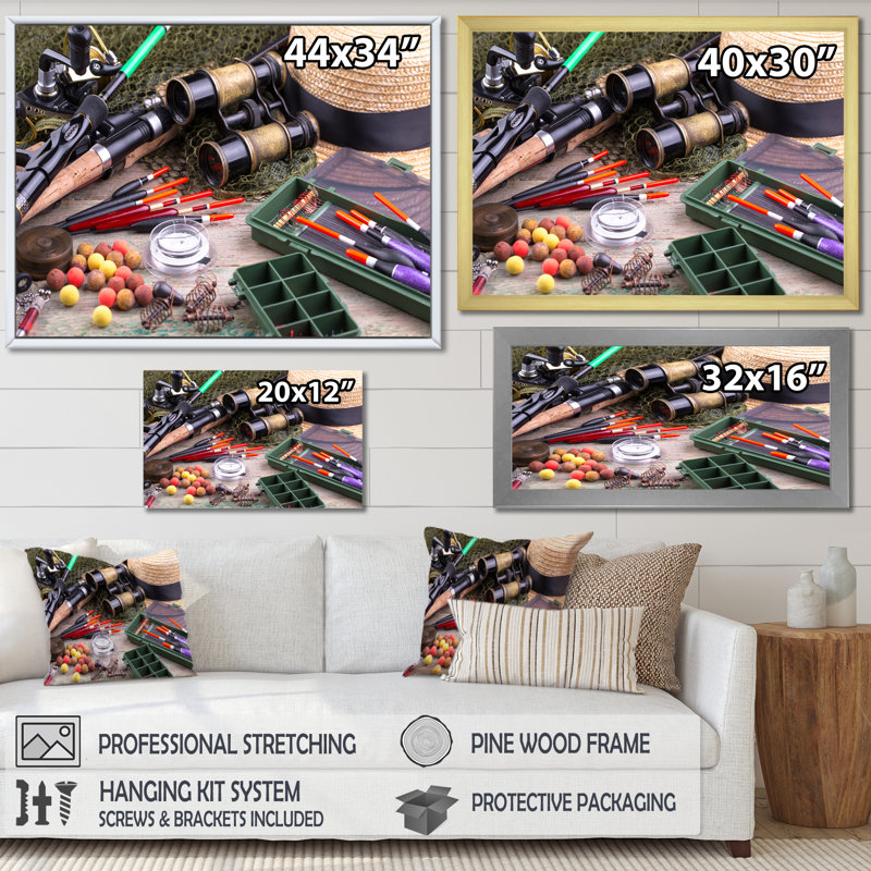 " Fishing Supplies Layout ", 12" H x 20" W x 1" D, Wrapped Canvas