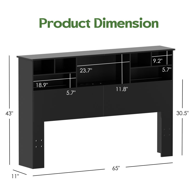Modern Wooden Bookcase Headboard with LED Light and Charging Station, Black, Queen