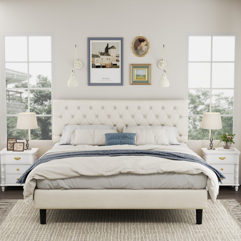 Mandipa Faux Leather Upholstered Bed with Diamond Tufted Headboard, Full, White