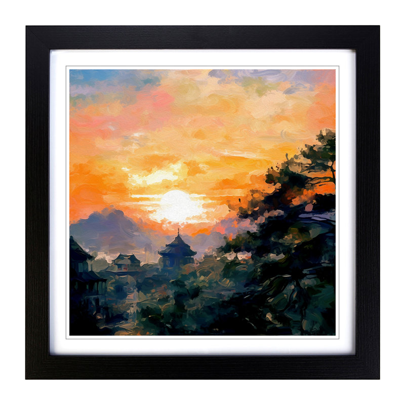 Japanese Sunset Impressionism No.1 - Single Picture Frame Print on Wood, Black