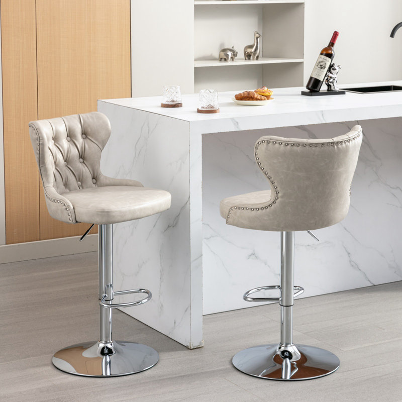 Tabourets pivotants en polyuréthane avec siège réglable et dossiers capitonnés en hauteur, Beige
