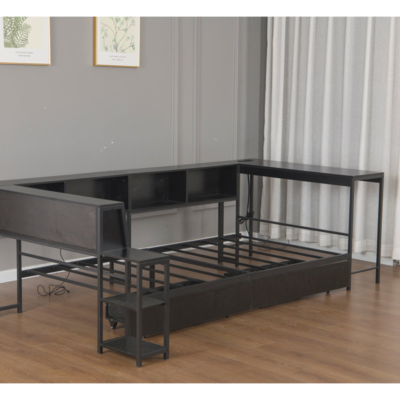 Corner Bed Frame Twin Size with Bookcase and 2 Underbed Storage Drawers, Modern Bed with LED Light and Charging Station, Left and right interchangeable