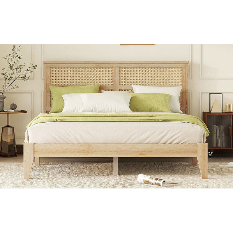 Queen Size Rubber Wooden, Solid Wooden Bed With Rattan Headboard
