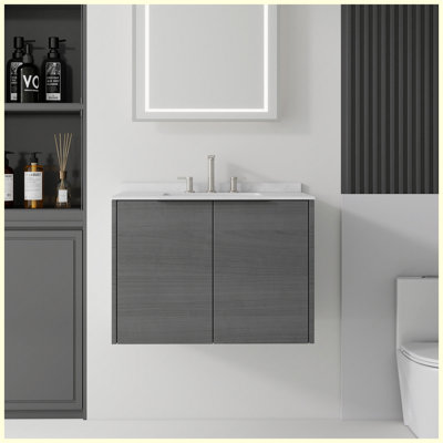 Ensemble de meuble-lavabo flottant 30 po avec lavabo, comptoir et dosseret en marbre de culture blanc Carrara de 0,6 po, porte en contreplaqué à fermeture en douceur, gris