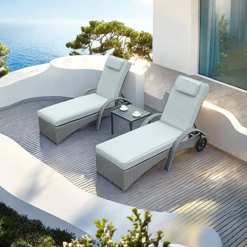 Adjustable PE Wicker Lounge Chair Outdoor Chaise Lounge Set with Table , Cushion Included