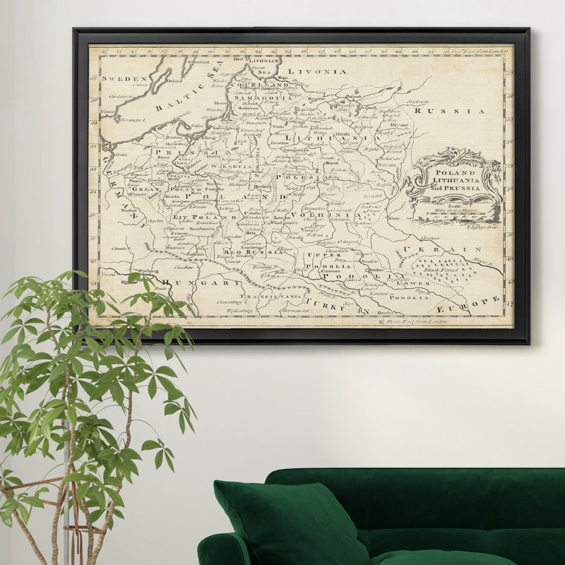 Carte de la Pologne-impression d’art graphique sur toile encadrée, H 22,5 po x l 30,5 po x P 1,5 po, Cadre noir