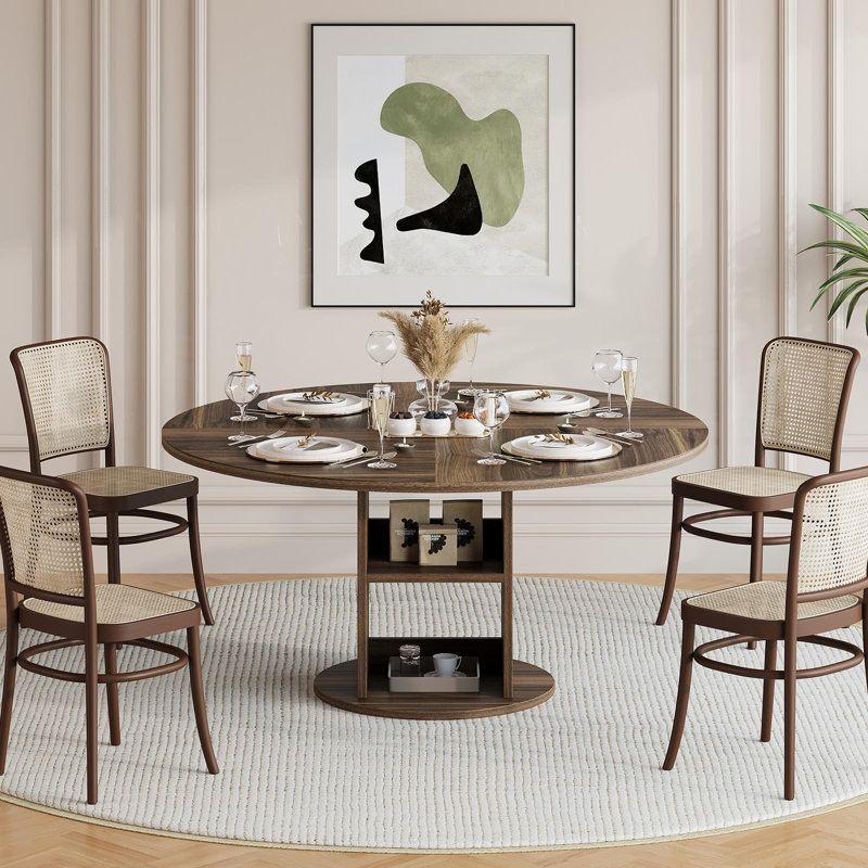 Table de salle à manger ronde pour 4-6 personnes, table de cuisine en bois avec tablette de rangement à 2 niveaux et base circulaire robuste, brun
