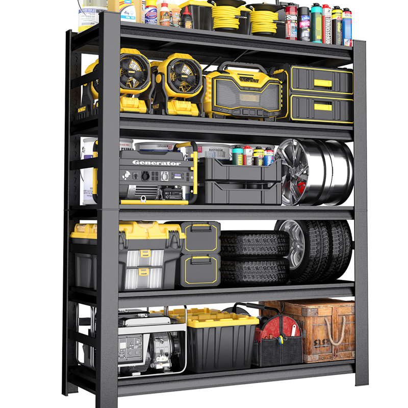 Étagère de rangement en métal noir de 87 po avec tablettes réglables pour les salles d'outils, l'espace de vie principal - barrières de sécurité latérales, sous-sols multifonctionnels faciles à assembler, cloisons de pièces, noir, simple