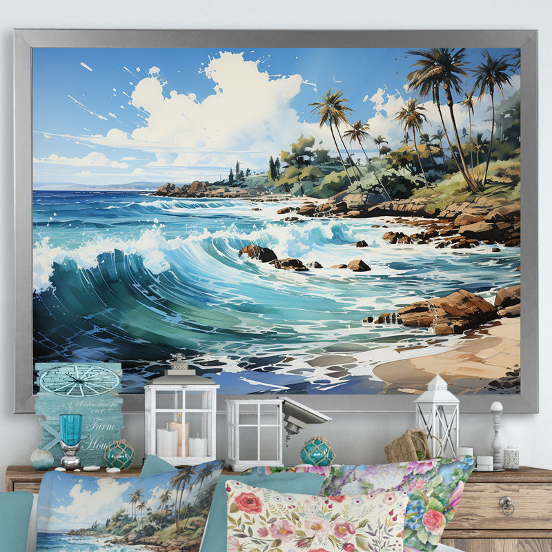 Palmier turquoise sur fond tropical, Cadre photo argenté, H 12 po x l 20 po x P 1 po