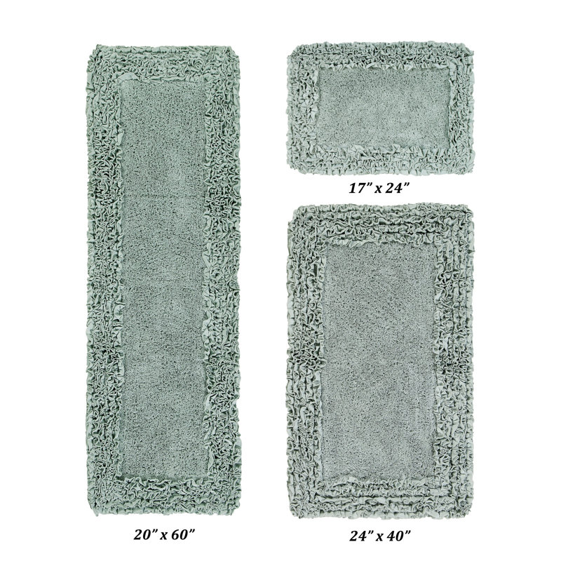 Ensemble de tapis pour salle de bain 100% coton 1775 g / m² 3 pièces Courson, certifié OEKO-TEX®, envers en latex antidérapant, motif de volants touffetés moelleux, super absorbant, tapis de salle de bain lavables à la machine, sauge
