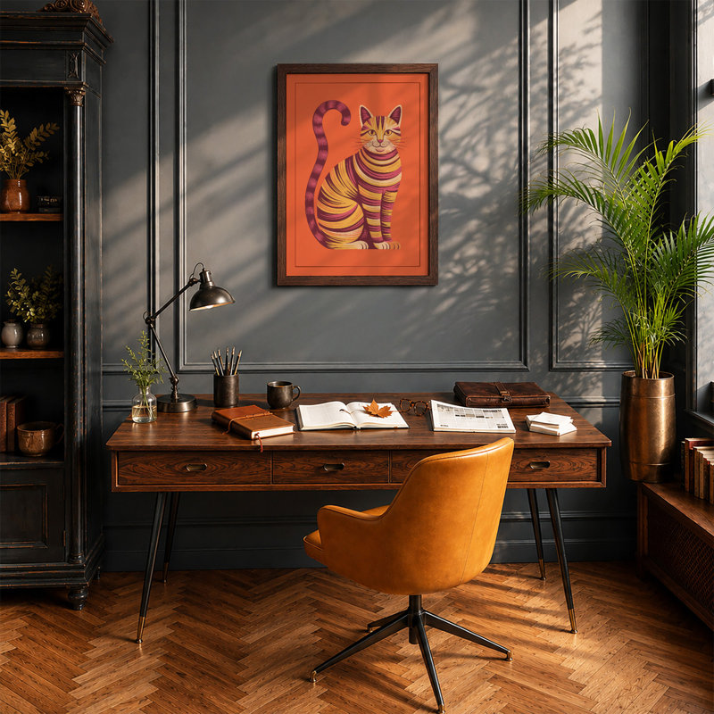 Striped Cat In Orange Modern - Print, Unframed, A3 - 42.0 x 29.7 cm