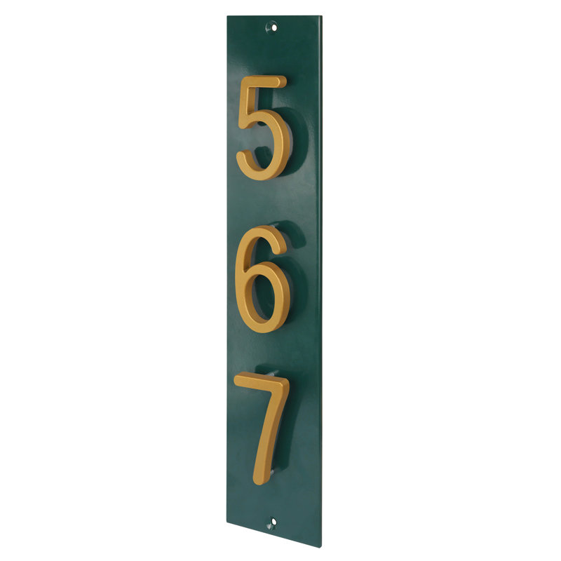 Plaque d'adresse verticale flottante en aluminium Royal Shade - 3 chiffres personnalisés, Vert, Doré, Oui