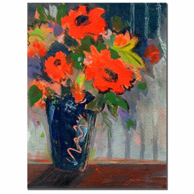 Striped Wall with Red Flowers"" by Sheila Golden Framed Painting Print on Wrapped Canvas -  Trademark Fine Art, SG042-C1824GG