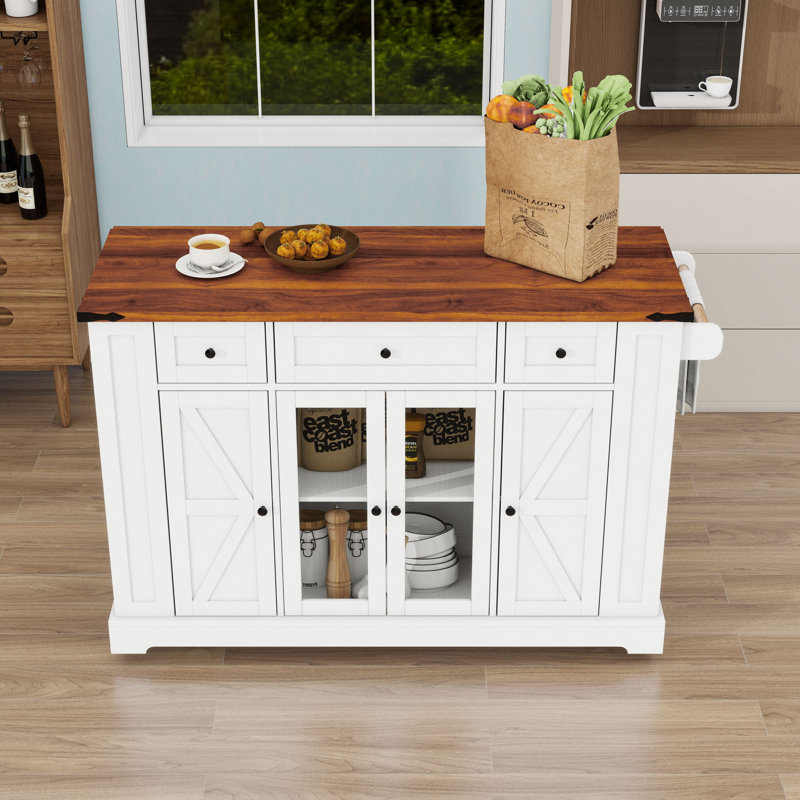 Farmhouse Kitchen Island Cart with Drop Leaf, Power Outlets, Ample Storage and Tempered Glass Doors, White