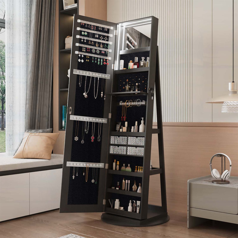 Armoire à bijoux pivotante à 360 ° avec miroir pleine longueur, rangement verrouillable et éclairage intérieur pour une organisation sécuritaire et élégante