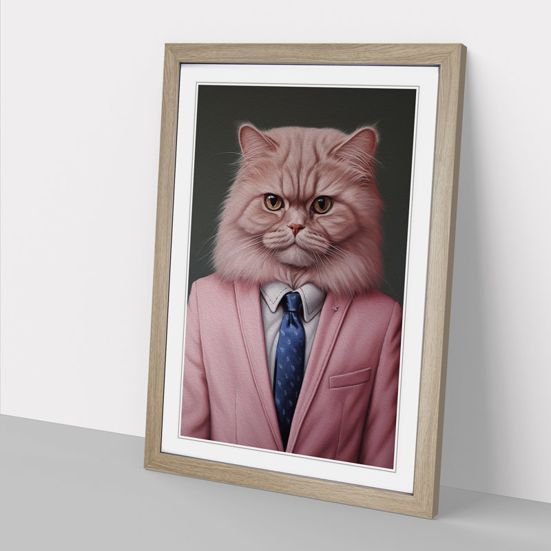 Persian Cat In A Suit Painting - Single Picture Frame Print on Wood, Oak Framed, 34cm H x 25cm W x 2cm D