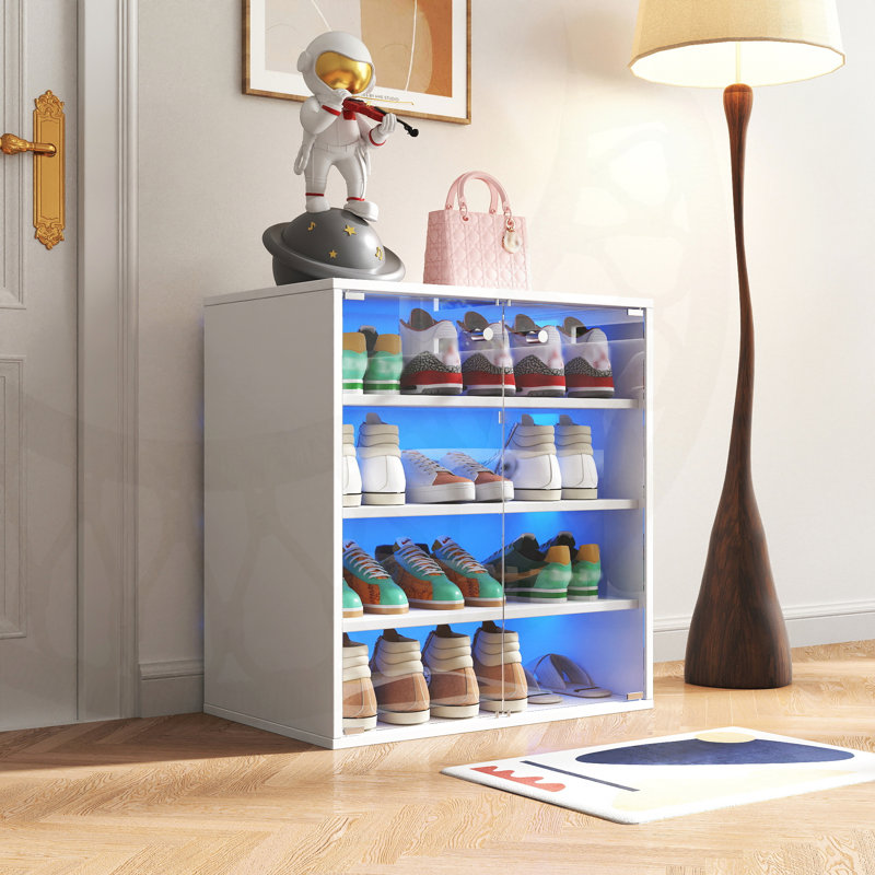 Durable Tempered Glass Shoe Organizer with RGB LED Light and Stackable Design for Efficient Storage and Display, White