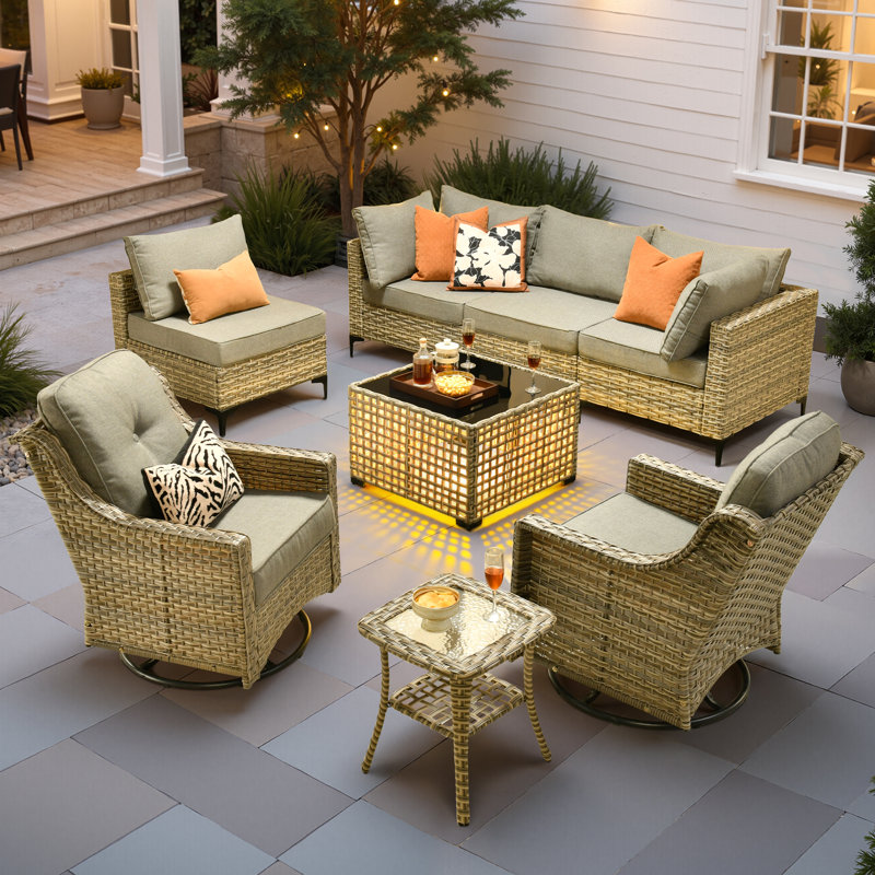 Emroy 6 - Person Reversible Modular Outdoor Conversation Set,Wicker Patio Seating Group with Lighted Coffee Table, All Weather Swivel Chair Set with Cushions