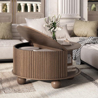 Table basse ronde avec rangement, table basse cannelée relevable avec porte coulissante, table de centre de tambour de 31,5 po avec pieds en chignon pour le salon, la maison petit espace, noyer