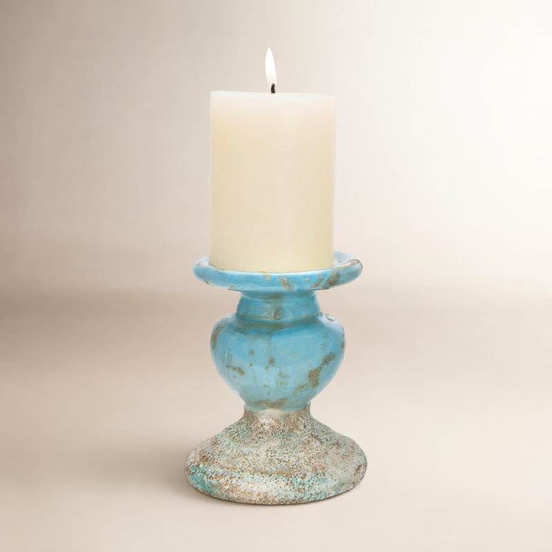 Small Distressed Round Terra-cotta Pillar Candleholder, 5.3" H x 4.5" W x x 4.5" D, Blue