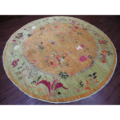 Tapis oriental rond 11 pi 10 po x 11 pi 10 po brun, inspiré de l'art déco chinois, 100% laine, colorants végétaux, noué à la main, rond, tapis oriental