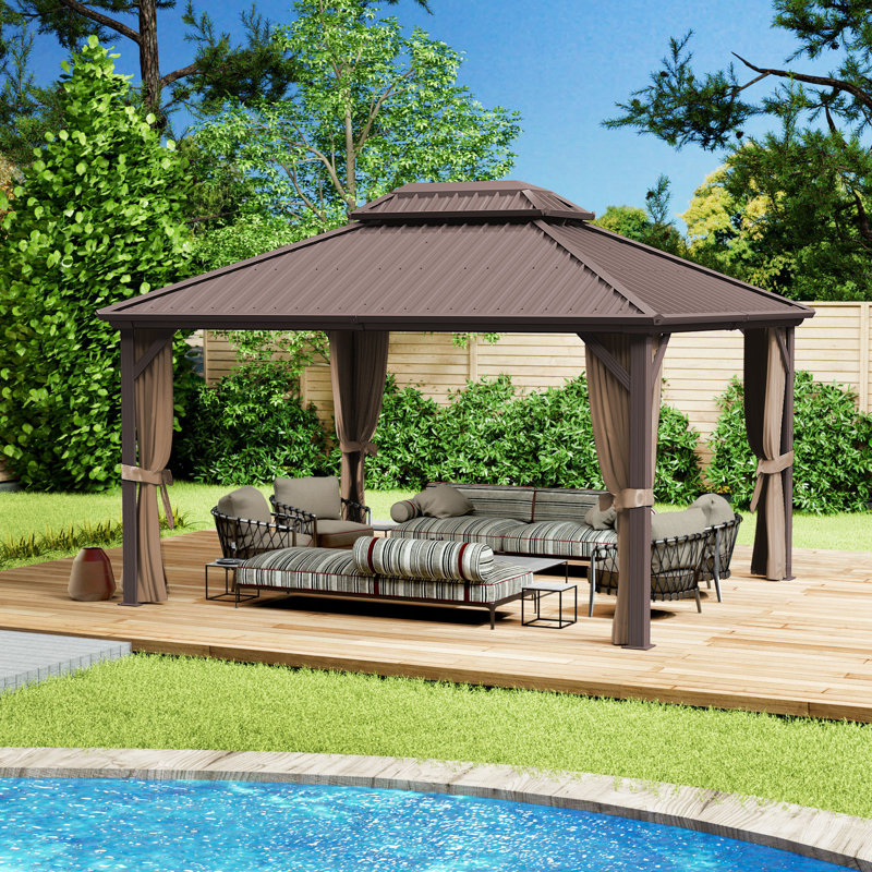 Pavillon de jardin à toit rigide double Kozyard Caesar avec rideau d'intimité et moustiquaire, 144 po x 168 po, Brown, Brun
