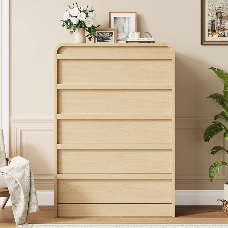 Arched 5 Drawer Wood Dresser with Curved Profile, Modern Storage Chest, Natural