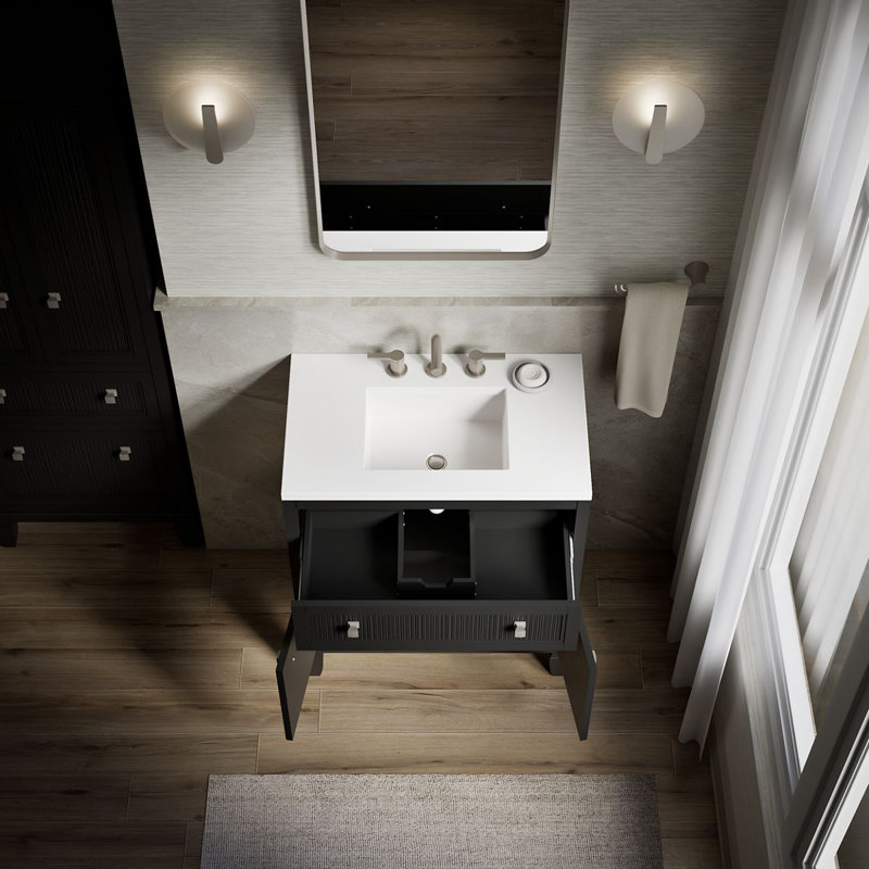 Meuble-lavabo sur pied simple avec lavabo et plateau en quartz Hearthaven, Gris ardoise, 30"