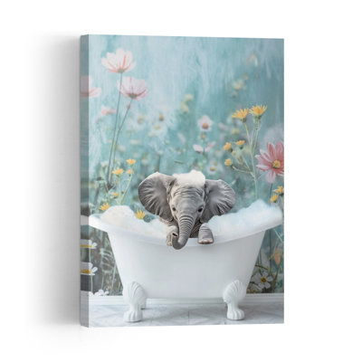 Baby Elephant Bubble Bath Contemporary Flower Wall Art Print 1 Piece Wrapped Canvas Wall Art