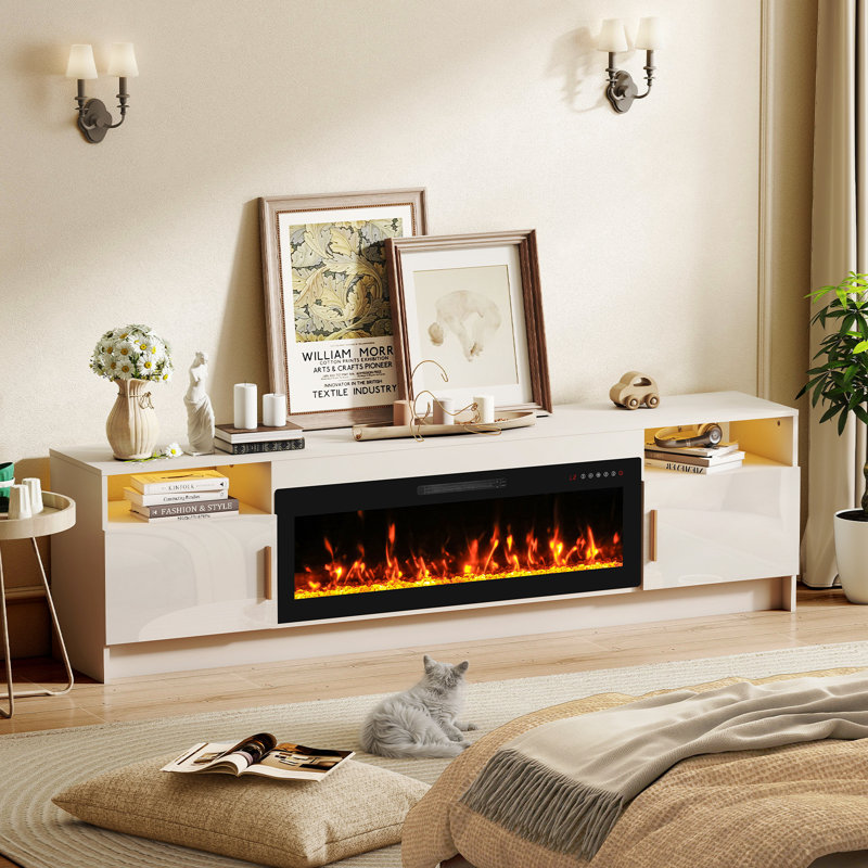 80" Fireplace TV Stand for TVs Up to 90" with 42" Electric Fireplace Heater LED Light Media Console Storage Cabinet, Gray Entertainment Center for Living Room