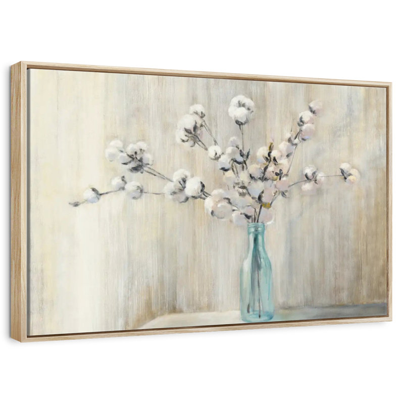 Bouquet de coton, Cadre flottant en bois naturel, 31 po x 21 po
