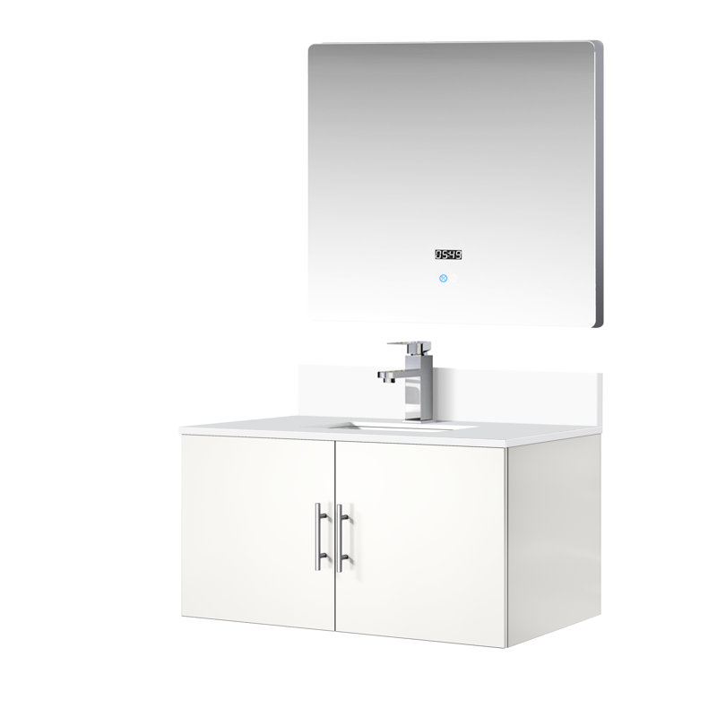 36 po L x P 22 po. Meuble-lavabo blanc brillant avec comptoir en quartz, robinet, miroir à DEL - aux égratignures et aux taches pour une atmosphère de salle de bain chaleureuse 36 po 22 po paisible