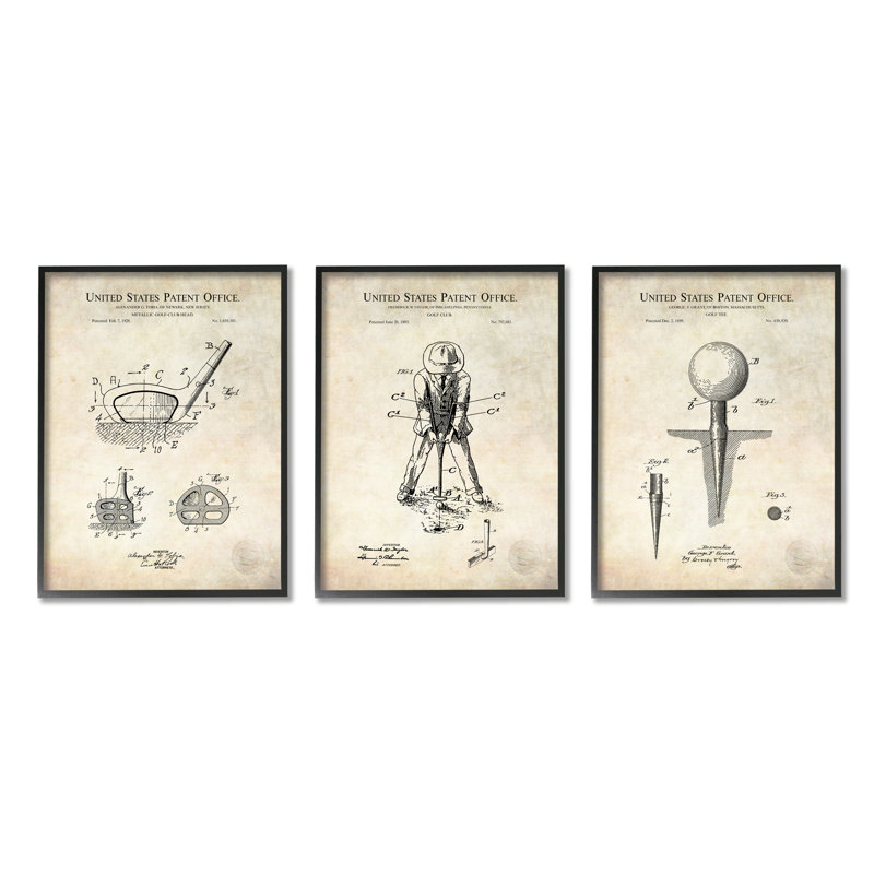 Golf Sport Vintage Patent Club Head and Tee Diagram 3pc Black Oversized Framed Giclee Texturized Art Set by Karl Hronek