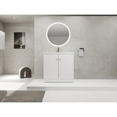 Meuble-lavabo autoportant avec lavabo en résine blanche et 2 portes d'armoire à fermeture en douceur