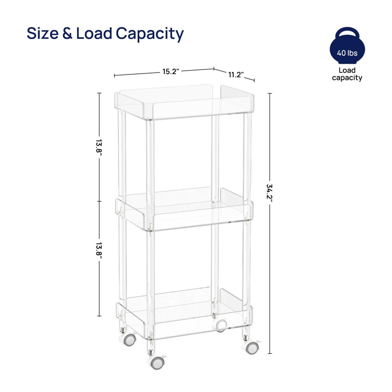Clear Acrylic 3-Tier Rolling Serving Cart with Lockable Wheels
