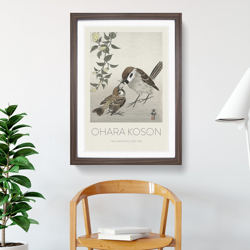Sparrow Birds & Plants by Ohara Koson - Single Picture Frame Print, Walnut Framed, 65cm H x 48cm W x 2cm D