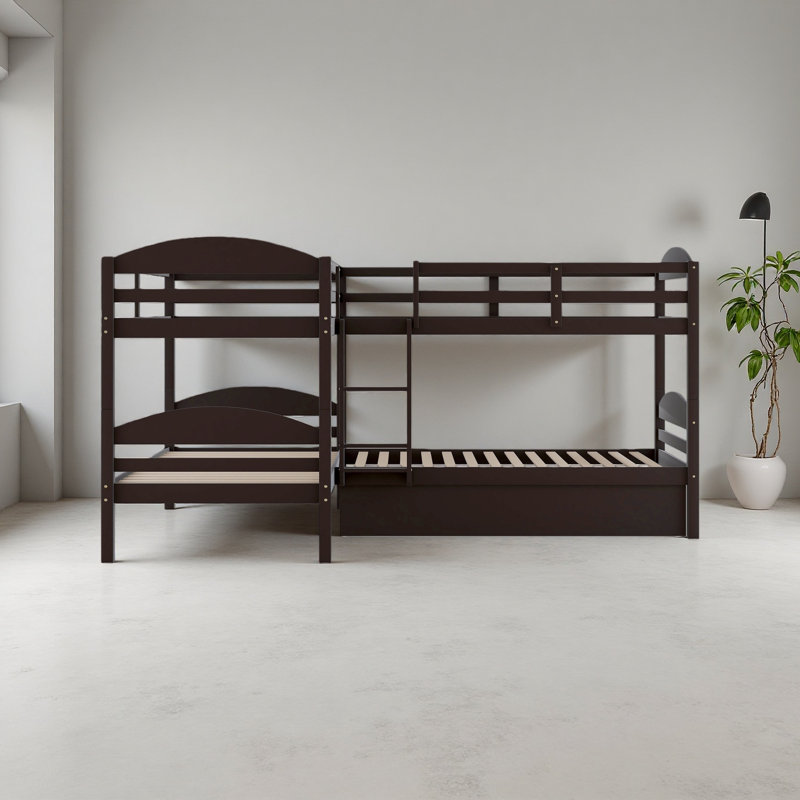 Twin L-Shaped Bunk Bed With Trundle, Espresso