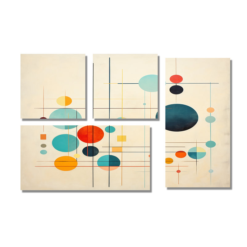 Syncronicities Midcentury Elegant Retro Art - Abstract Midcentury, impressions sur toile 4 pièces, Toile tendue