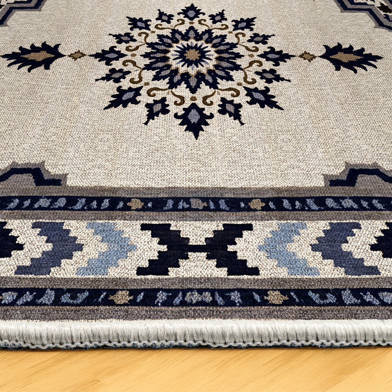 Quarza Collection Digital Print Cotton-Polyester Beige Navy Blue Moroccan Rug, Runner 4' x 11'6"