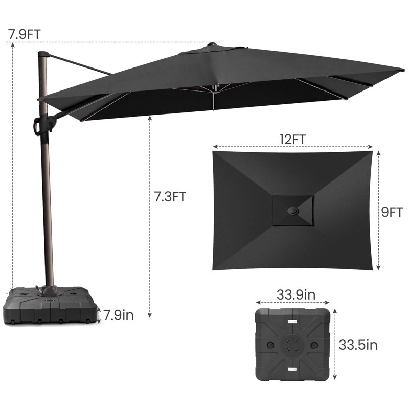 12' X 9' Rectangular Patio Cantilever Umbrella With Weighted Base, Noir