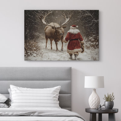 «Christmas Santa Claus Reindeer in Winter Forest Rustic Warm Holiday», reproduction d'art sur toile encadrée
