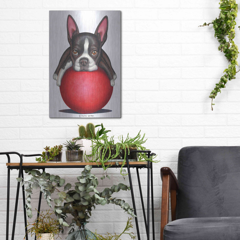 «Boston Terrier On Red Ball» par Danny Gordon, H 16 po x l 12 po